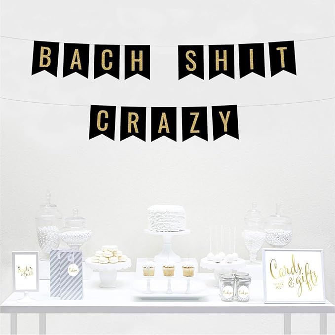 Andaz Press Faux Gold Glitter on Black Bridal Shower Bachelorette Party Banner Decorations, Bach Shit Crazy, Approx 5-Feet, 1-Set, Colored Hanging Pennant Decor