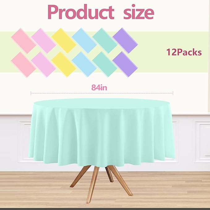 12 Pack Round Disposable Tablecloths, Plastic Pastel Table Cover for Birthday Wedding Baby Shower Party Decoration,6 Color, 84 Inch