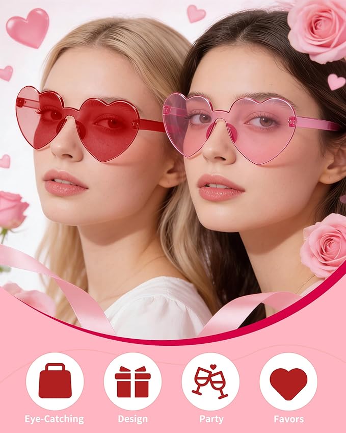 4 Pairs Heart Sunglasses for Women Heart Shaped Sunglasses Bulk Pink and Red Glasses for Party Favor (4, Pink、Red)