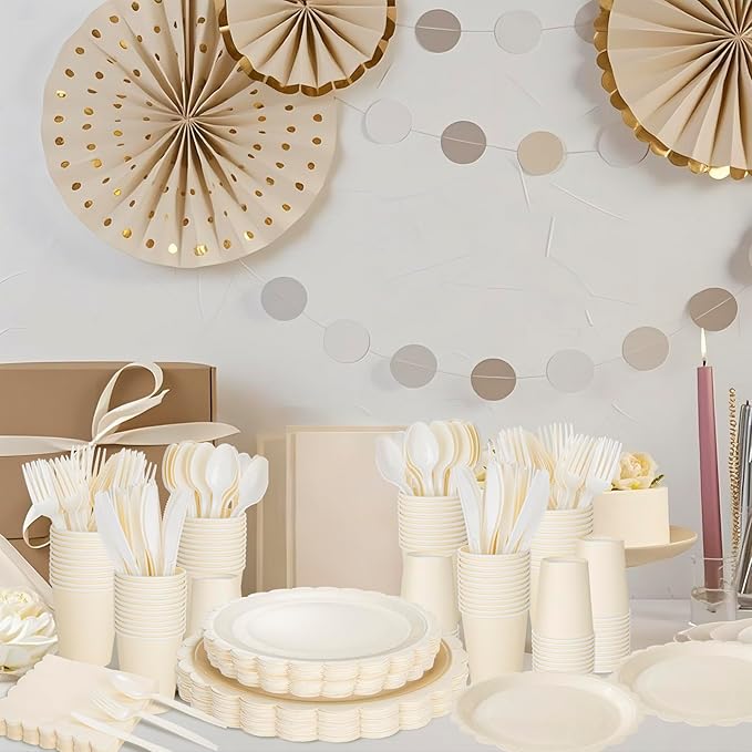 LIYH 350 Pcs Ivory Paper Plates and Napkins 50 Guest Cream Party Supplies Include Ivory Scalloped Disposable Paper Plates Cocktail Napkins Cups Spoons Forks Knives for Baby Shower,Birthday