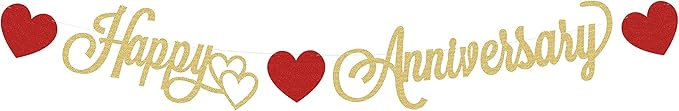 Pre-Strung Happy Anniversary Banner - Gold Glitter Decorations, Perfect for Wedding & Work Anniversary Parties, Photo Booth Props
