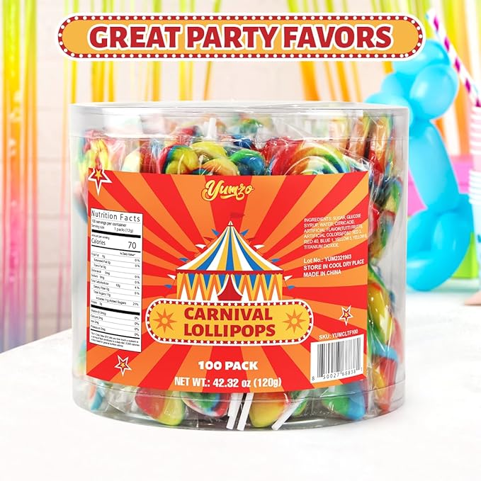 Carnival Lollipops Rainbow Twist, Swirls, and Round Lolly pops Unicorn Party Favors - Individually Wrapped Rainbow Candy Suckers & Lollipops Great for Birthday Parties, Unicorn Pinata, Easter Candy - 100 Count