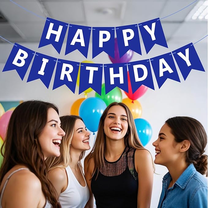 Happy Birthday Banner Sign, Birthday Garland Wall Door Hanging Banners Flag for Women Men Boys Girls Party Backdrop Decorations, Personalized Name Banner White Letters Blue