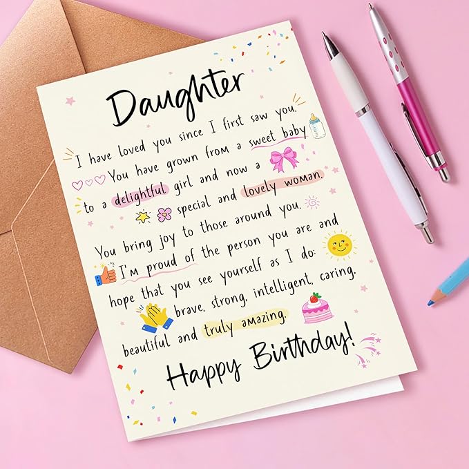 Funny Birthday Cards for Daughter from Mom and Dad, Sweet Poetic Cards from Tsundere Parents, I Love You, From Baby to Girl to Adult Woman (Super Cute Lady), with Envelope