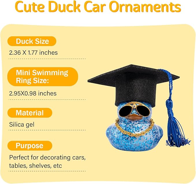 wonuu Car Dashboard Decor Graduation Hat Color Rubber Duck, Car Ducks Ornaments with Mini Graduation Hat Necklace Sunglasses (Dark Blue)