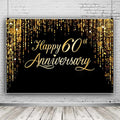 Happy 60th Annverisary Background Decorations Black Gold Backdrop Banner, Large Black Gold Photography Background Suitable for Wedding Anniversary Party Birthday Party Decoration 84 * 60''