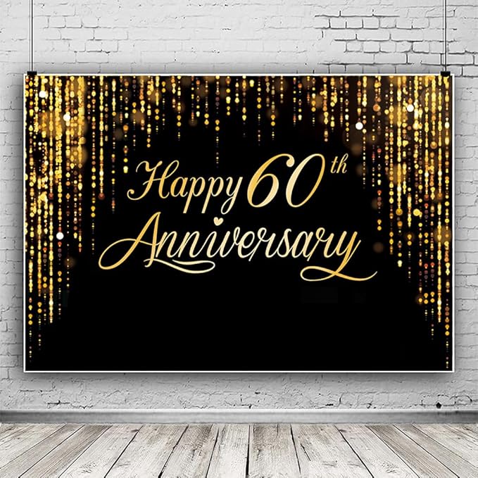 Happy 60th Annverisary Background Decorations Black Gold Backdrop Banner, Large Black Gold Photography Background Suitable for Wedding Anniversary Party Birthday Party Decoration 84 * 60''