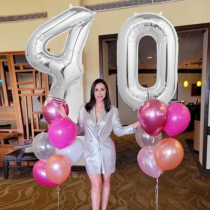 Number Balloons Silver Party Balloon - Giant Number 40 Balloon, 40 Inch Large Balloon for 40th Birthday Decorations, Silver Party Supplies for Anniversary