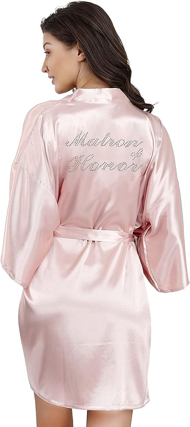 EPLAZA Women's One Size Silver Rhinestones Bride Bridesmaid Short Satin Robes for Wedding Party Getting Ready