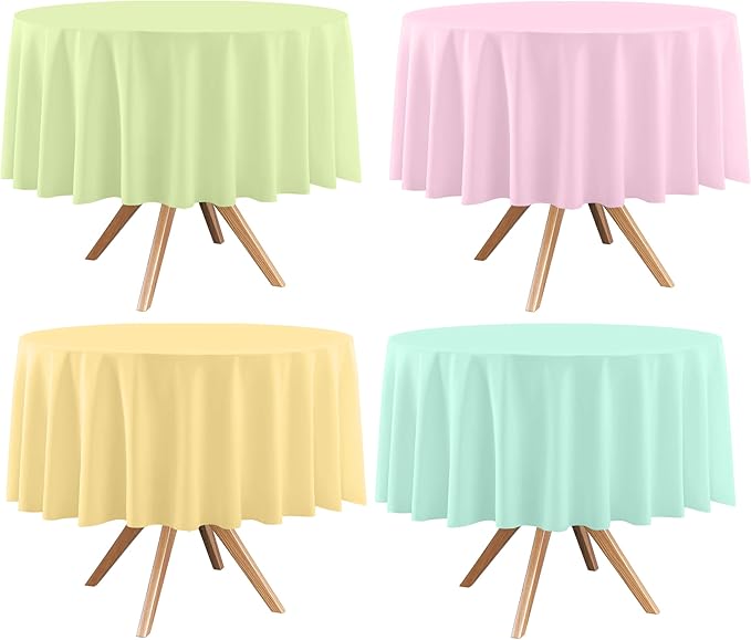 4 Pack Round Pastel Table Cloths for Parties,84 Inch Colorful Plastic Tablecloth,Disposable Table Cover for Birthday Wedding Baby Shower Party Decoration (Pink Yellow Green)