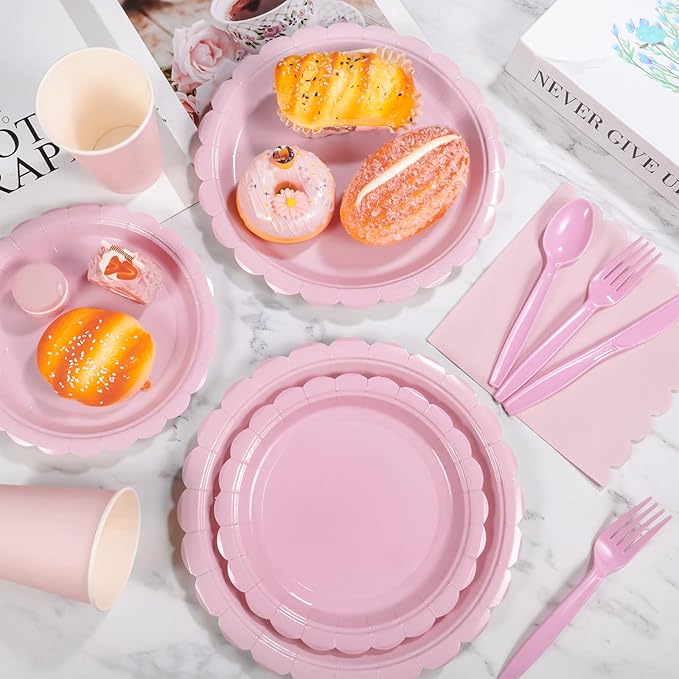 175 Pcs Pink Plates and Napkins, Pink Birthday Decorations Include Scalloped Plate Napkins Cups Plastic Cutlery Disposable Dinnerware for Wedding, Bridal Baby Shower, Mother Day