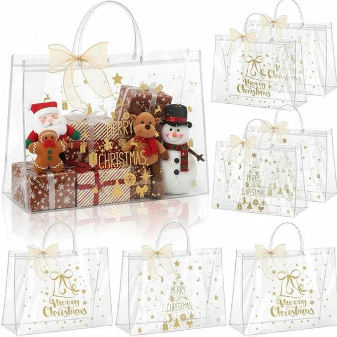 Henoyso 8 Pcs Christmas Clear Gift Bags Plastic Candy Treat Goodie Bags Red Foil Santa PVC Wrap Totes with Handles and Ribbon Xmas Party Favors (Christmas Tree,Bells,16x 6x 12 Inch)