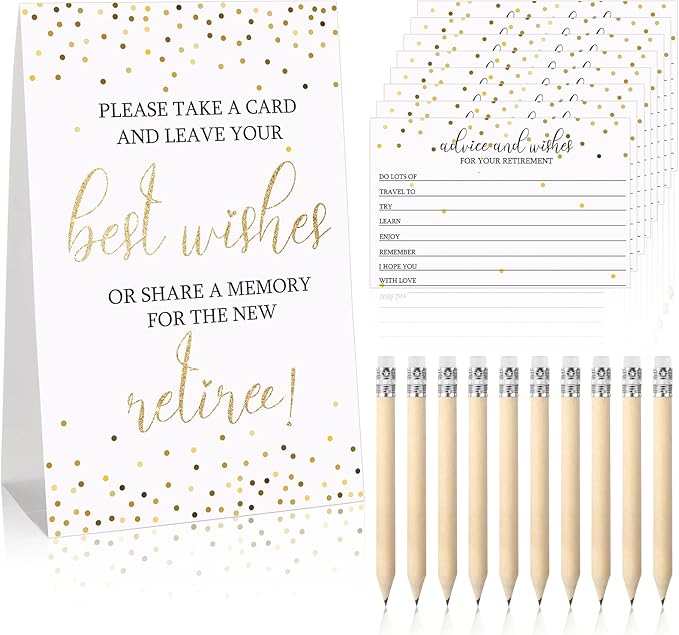 Fumete 50 Pcs Retirement Party Advice and Wishes Cards with 10 Small Pencils 1 Cardstock Place Card Retired Ideas Supplies for Retirement Party Favors and Going Away Decorations