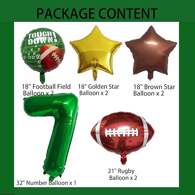 Football Balloons Foil Football Birthday Decorations Balloons Green Number 7 Balloon Gold Brown Star Touchdown Ballons for Rugby Birthday Decorations Sports Ballons Arch Kits Party Balloon Sets 9pcs