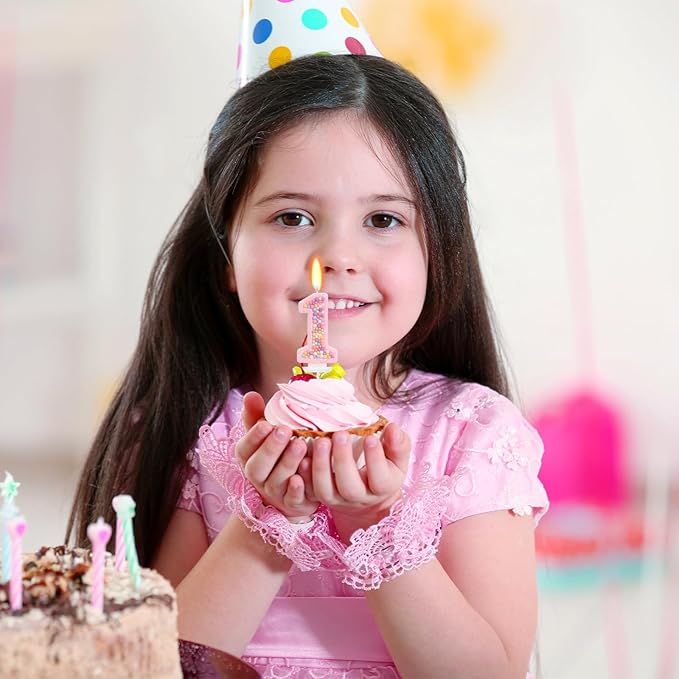 Sweet One Birthday Candles for Girls - Pink Number 1 Candle, First Birthday Decorations for Girl, Fairy Cake Decorations, Colorful Macaron Candles for One Cake Topper