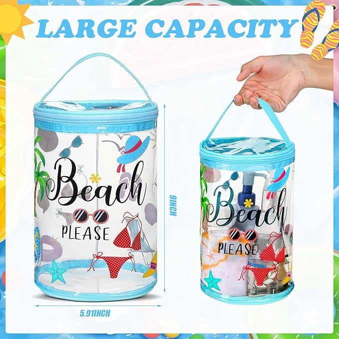 Sanwuta Beach Gifts Heavy Duty Clear Lotion Toiletry Bags for Travel Sunscreen Makeup Cosmetic Pouch Cylinder Bag Waterproof Portable Trip Bag with Handle Zipper(Beach Please)