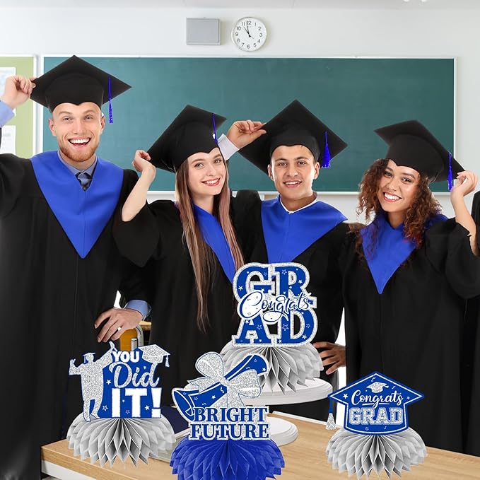 12pcs Graduation Table Decorations 2026,Silver and Blue Graduation Decorations 2026 Graduation Centerpieces for Tables,Class of 2026 Centerpieces Honeycomb for Congrats Grad Table Decor