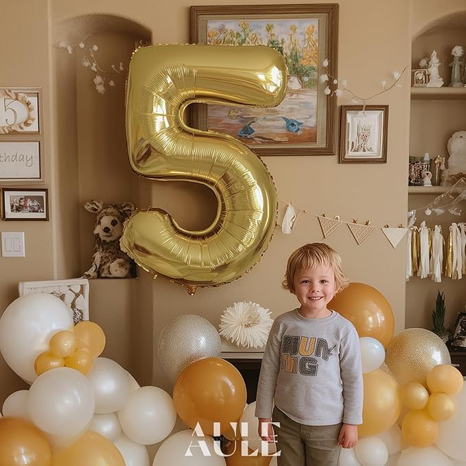 AULE 40 Inch Large 5 Balloon Numbers Light Gold, Big Foil Number Balloons, Giant Helium Happy Birthday Party Decorations for Man and Women, Huge Mylar Anniversary Party Supplies