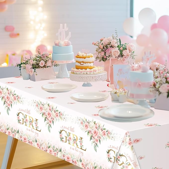Avezano 3 pcs Girl Baby Shower Tablecloth 108x54 inch Pink Floral Baby Shower Party Tablecovers Disposable A Sweet Little Girl is on Her Way Table Cloth Plastic
