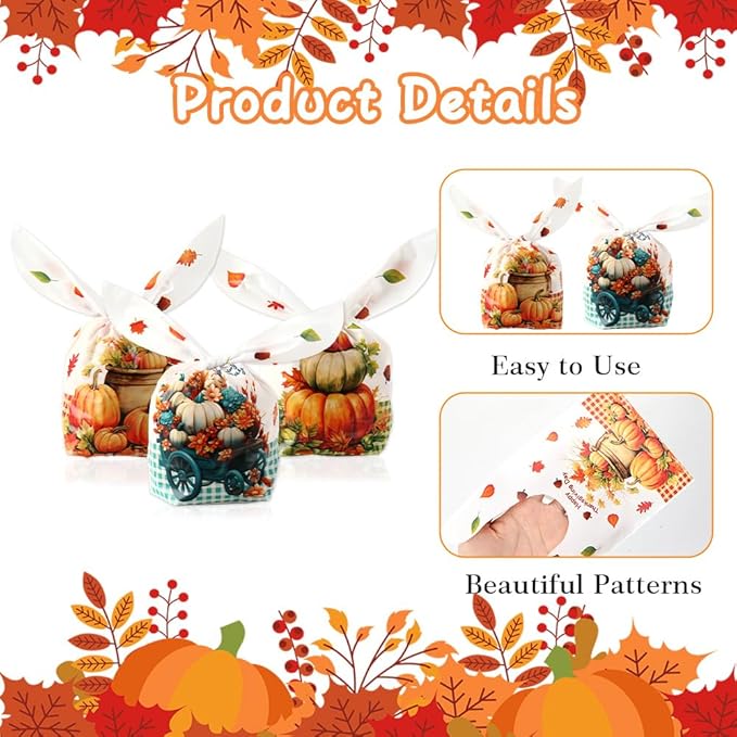 ldyllicStyle Thanksgiving Fall Treat Bags, 100 PCS Goodie Candy Snacks Gift Rabbit Ear Bag, Plastic Goody Snacks Bag for Thanksgiving Autumn Fall Harvest Holiday Party Favors Decoration Supplies White