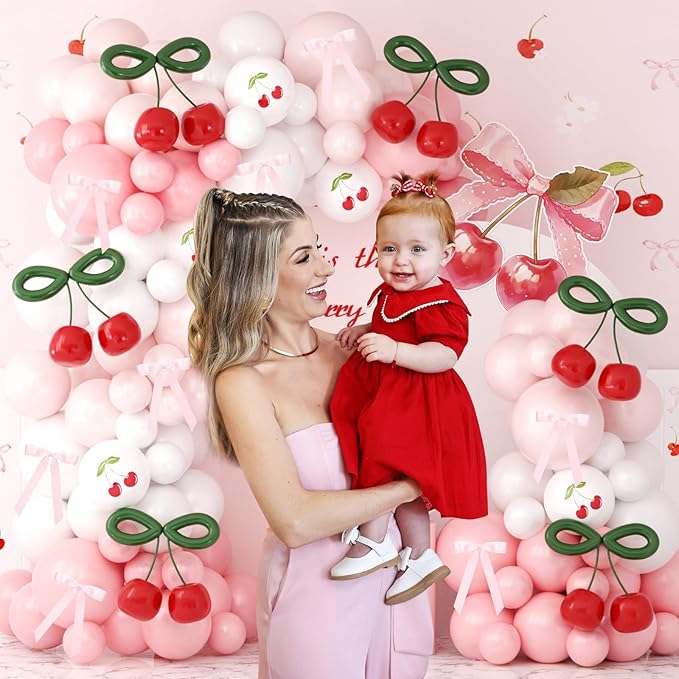 JOGAMS Cherry Balloon Arch Kit,192Pcs Cherry Party Decorations with Red Green 260 Balloons Pink Ribbon Bows for Cherry On Top Baby Shower Birthday Bridal Shower Wedding Galentine's Valentine's Day