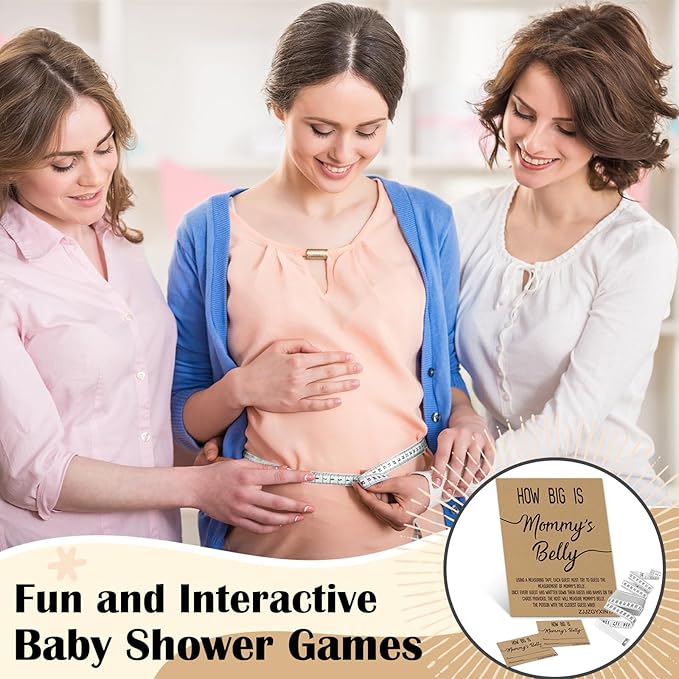 How Big is Mommy's Belly? Rustic Baby Shower Gender Neutral Game Includes 8x10 Inch Kraft Standing Sign and 50 Guessing Cards, 3 Rolls 10 Feet Measuring Tape