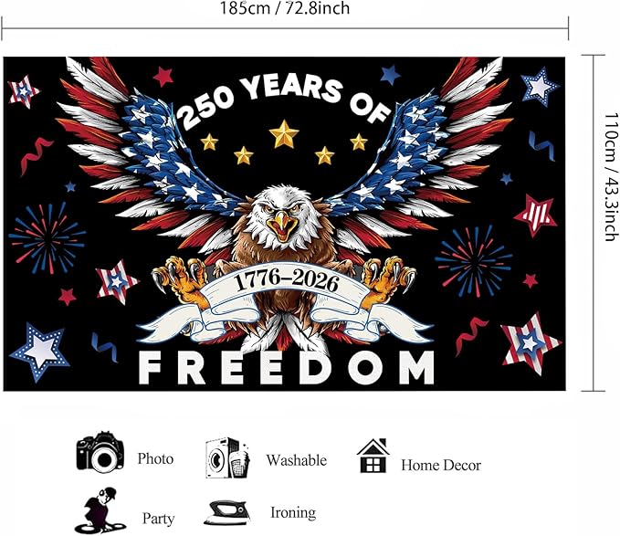 Red Blue 250 Years America Backdrop Banner Photography Background for 250th Anniversary USA Theme 4th of July Independence Day Home Garden Outdoor Party Decorations Supplies 72.8 * 43.3in
