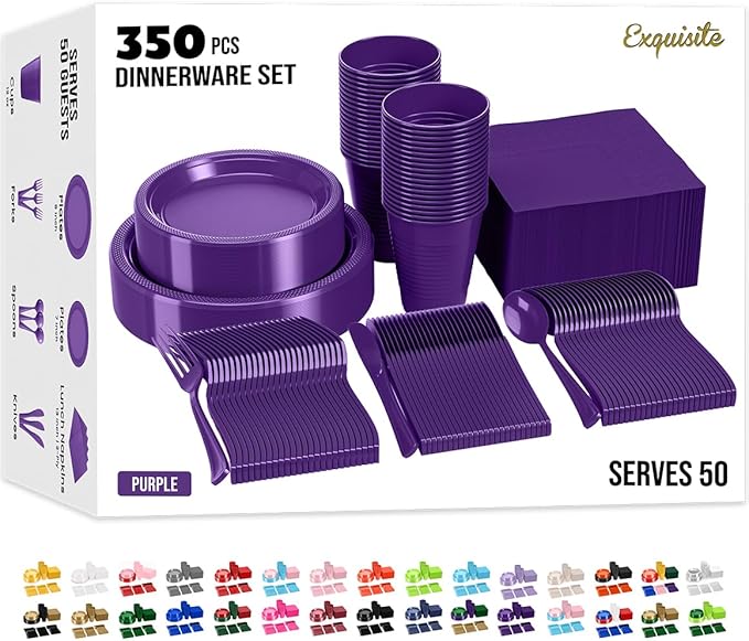 350 Pcs Purple Plastic Plates For Party, Purple Disposable Plates Set, 50 Of Each 9" Dinner Plate Set, 7" Dessert Plate, Cups, Napkins & Cutlery Plastic Dinnerware Set Exquisite