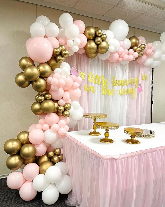 Pink and White Gold Balloons Garland Arch Kit with Stars 200Pcs - Girl Birthday Decorations 5 10 12 18 inch Balloon for Engagement Birthday Baby Shower Wedding Bridal Shower Party Decorations