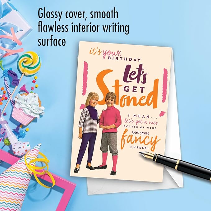 NobleWorks - 1 Funny Blank Birthday Greeting Card - Sassy Bday Card for Women, Stationery Humor - Let's Get Stoned Blank C7027BDB