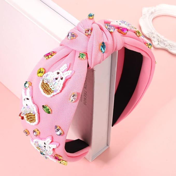 Easter Headbands for Women Girls Cute Easter Bunny Headband Jeweled Crystal Embellished Knotted Headband Holiday Party Hair Accessories (Beaded Bunny-Pink)