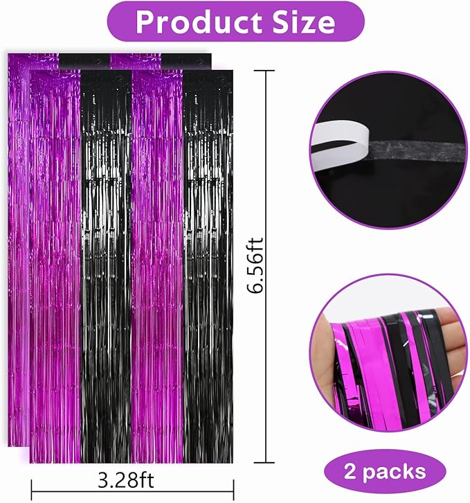 TONIFUL Black Hot Pink Door Streamers,Black and Pink Photo Booth Backdrop Metallic Streamers Foil Fringe Curtain for Birthday,New Year,Graduation,Grad,Baby Shower Party Streamers Decoration