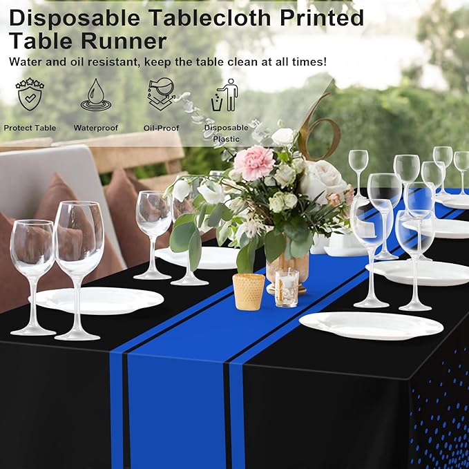 12 Pack Black and Blue Tablecloth Party Decorations Plastic Black Tablecloth Printed Blue Table Runner 54 x108 Inch Disposable Rectangle Table Cover for Birthday Wedding Graduation
