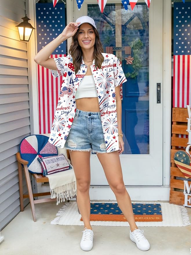 4th of July Shirts Women American Flag Patriotic Shirt Independence Day Short Sleeve Button Down Outfits