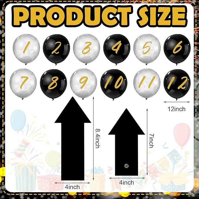14 Pcs New Year Eve Party Decor Kit Wall Clock Countdown Balloons Set with Confetti Inside, Countdown Celebration Picture Ready Wall for Year End Decor Celebration (Black Sliver Gold)