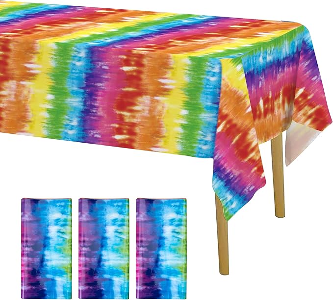 Iceyyyy 3 Pcs Tie Dye Tablecover - 54" x 108" Tie Dye Theme Rainbow Table Cloth Colorful Tablecover for Tie Dyes Themed Party Decorations