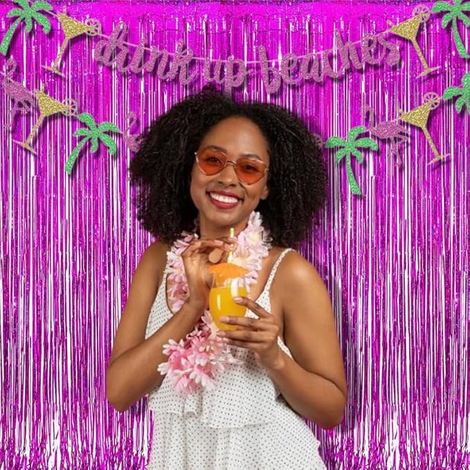BRAVESHINE Hot Pink Tinsel Foil Fringe Curtains - 2Pcs 3.2x8.2ft Metallic Party Streamers Backdrop for Valentines Girl Birthdays Bridal Shower Bachelorette Engagement Hawaiian Luau Party Decorations