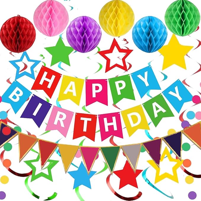 Colorful Birthday Decorations, Happy Birthday Banner with Honeycomb Balls, Stars Hanging Swirl Streamers, Buntings Circle Dots Garland, Party Decorations for Women Men Boys Girls (Colorful)