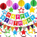 Colorful Birthday Decorations, Happy Birthday Banner with Honeycomb Balls, Stars Hanging Swirl Streamers, Buntings Circle Dots Garland, Party Decorations for Women Men Boys Girls (Colorful)