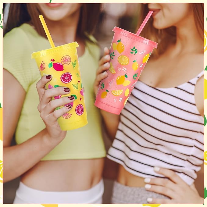 12 Pcs Lemon Cups with Lids and Straws, 24 OZ Reusable Drinking Cups Bulk for Summer Fruit Party Birthday Baby Shower Supplies