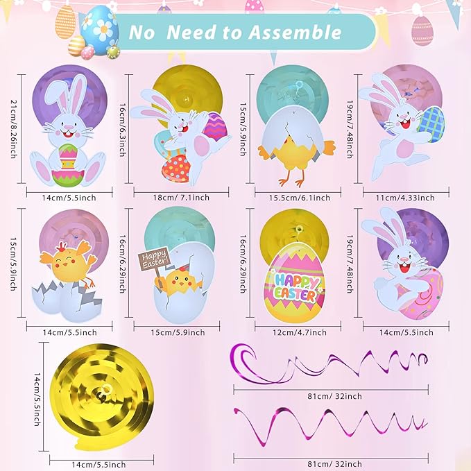 AhfuLife Happy Easter Banner Decorations, 8 Pcs Bunny Egg Chick Hanging Swirl with 12 Pcs Balloons, Larger Easter Banner Sign for Home Office School Decor, Egg Hunt Party Supplies