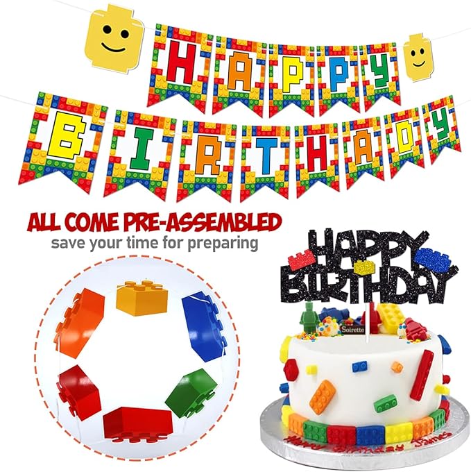 Building Blocks Themed Birthday Party Decorations Pack - Includes Glitter Cake Topper Banners and Balloons - Summer Colorful Themed Bday Party Pack Supplies