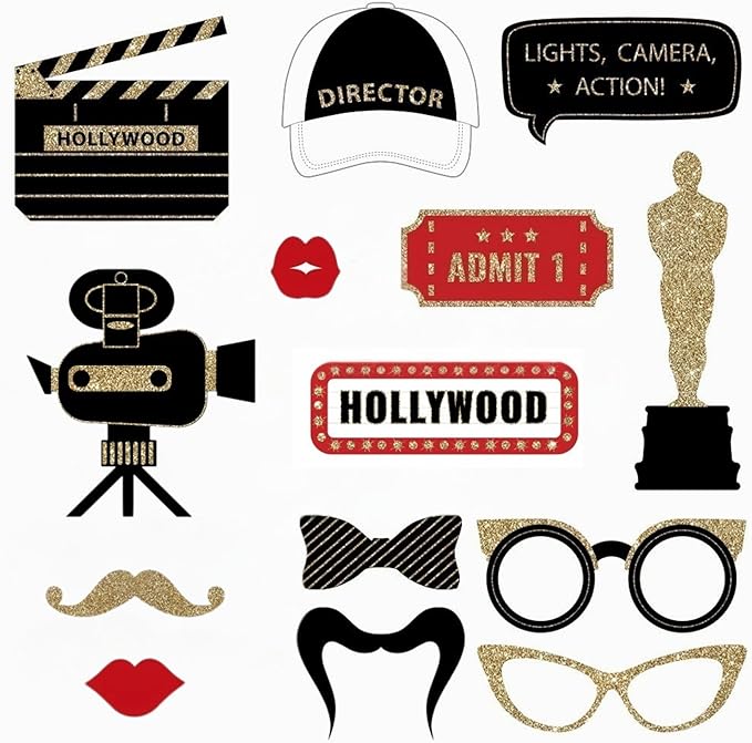 Fully Assembled Hollywood Photo Booth Props - Set of 27 - Black Gold Red Selfie Signs - Movie Night Themed Party Supplies & Decorations - Cute Oscars Designs with Real Glitter - Did We Mention No DIY