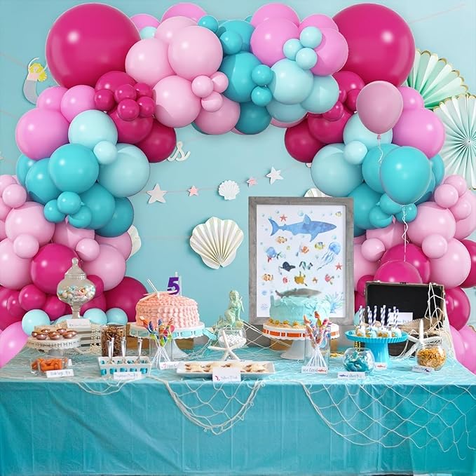 Hot Pink and Teal Blue Balloon Arch Garland Kit, Rose Red Teal Blue Pastel Pink Turquoise Latex Balloon for Birthday Baby Shower Wedding Anniversary Party Decorations Supplies