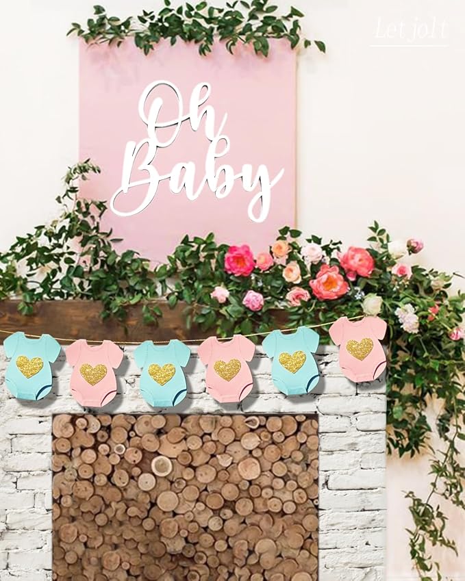 Blue Pink Baby Shower Paper Garland Short-Sleeve Bodysuits Clothesline Garland Gender Reveal Birthday Banner Baby Outfit Pre - Strung Paper Decorations 9 pcs