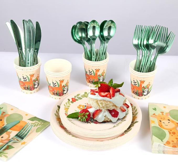 175 PCS Jungle Party Plate Set, Animal Theme Party Decorations, Wildlife Theme Disposable Tableware Set, Kids Birthday Plate Decorations. (25 guests)