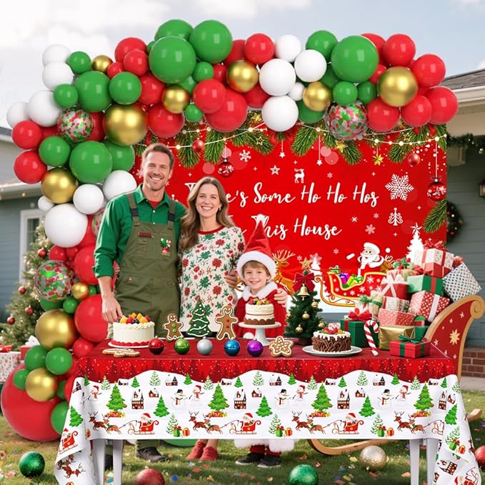 129Pcs There's Some Ho Ho Hos In This House Party Decorations Merry Christmas Balloon Arch Kit Includes Funny Xmas Banner, Xmas Themed Balloons and Tablecloths for Merry Friendsmas Party