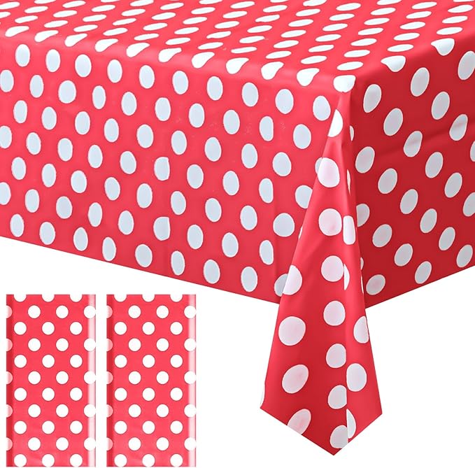 2 Pieces Red Polka Dot Rectangle Tablecloth - 54x72“ Decorative & Stain Resistant Table Cloth with Polka Dot Pattern, Table Cover for Dining Table, Buffet, Wedding, Camping, Party & Wedding