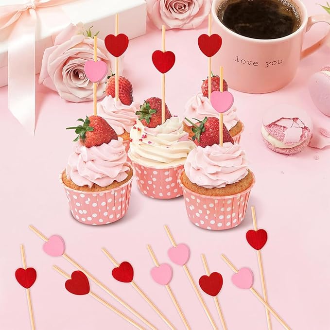 120 PCS Red Love Heart Shaped Cocktail Picks, 4.7Inch Bamboo Fancy Toothpicks for Appetizers, Cocktail Skewers Sticks Selected for Weddings, Valentines Day, Desserts, Charcuterie, Food, Drinks