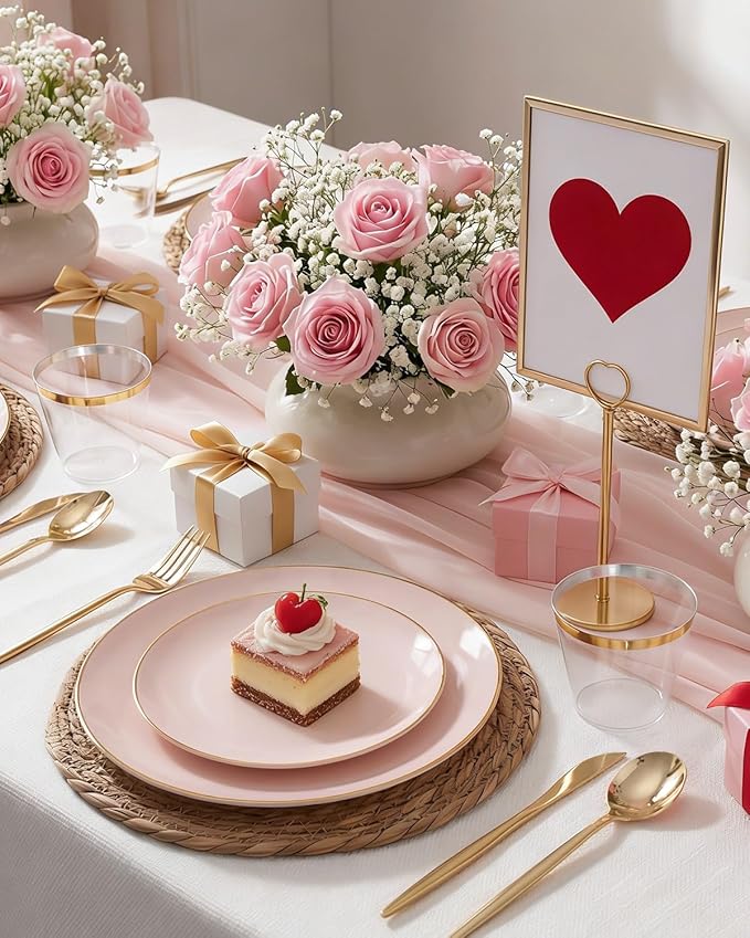 bUCLA 150PCS Pink Plastic Plates - Pink and Gold Disposable Include 25 Each (Dinner & Dessert) Plates, 25 Knives, 25 Forks, 25 Spoons and 25 Cups, Ideal for Party, Wedding & Easter